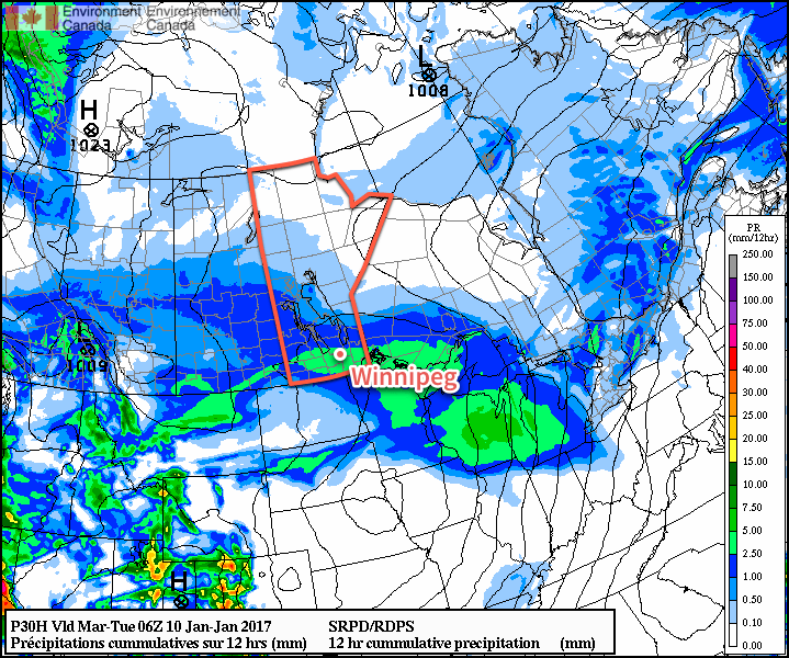 The RDPS has 2-5 mm of precipitation over the Red River Valley today; at a SLR of 16:1, that makes 3-8cm of snow.