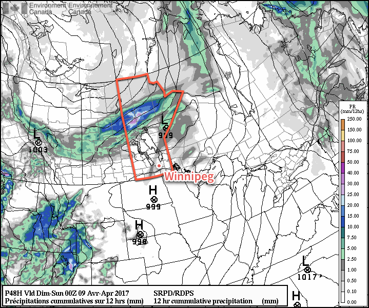 While a slight chance of showers exists over the Red River Valley on Saturday, by a vast majority of the precipitation associated with the system will fall across northern Manitoba.