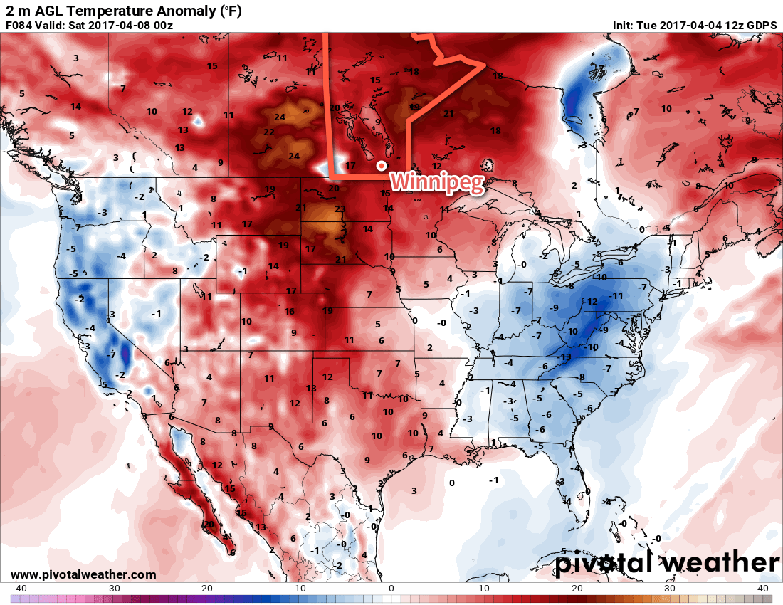 Temperatures will climb well above normal across much of the eastern Prairies on Friday.