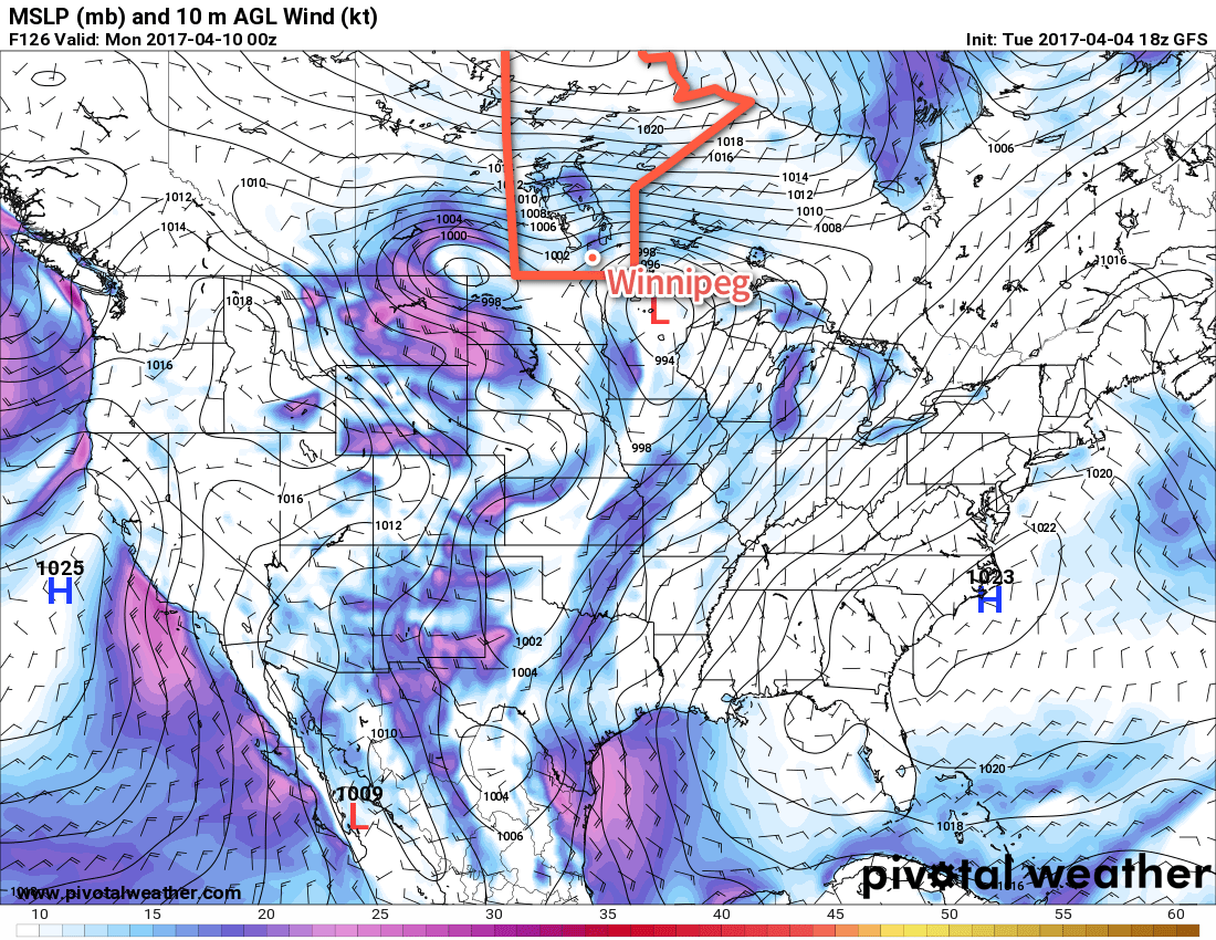 The GFS is forecasting that a complex low pressure system will begin impacting Manitoba on Sunday night.