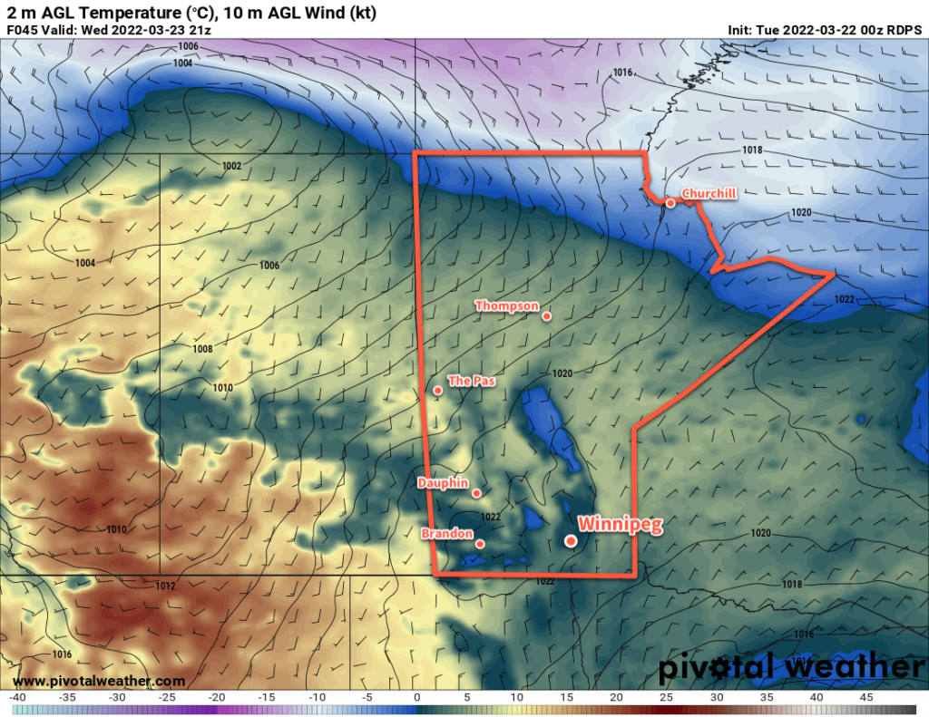 RDPS 2m Temperature Forecast valid 21Z Wednesday March 23, 2022