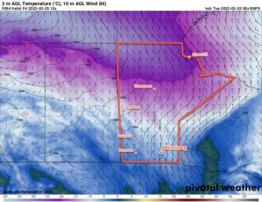 RDPS 2m Temperature Forecast valid 12Z Friday March 25, 2022