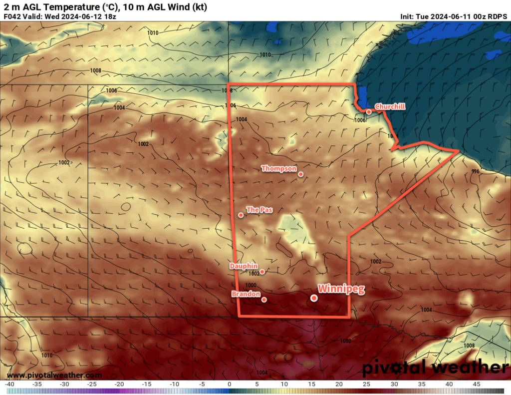 RDPS 2m Temperature Forecast valid 18Z Wednesday June 12, 2024