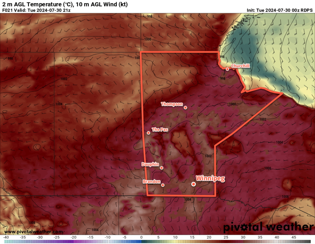 RDPS 2m Temperature Forecast valid 21Z Tuesday July 29, 2024