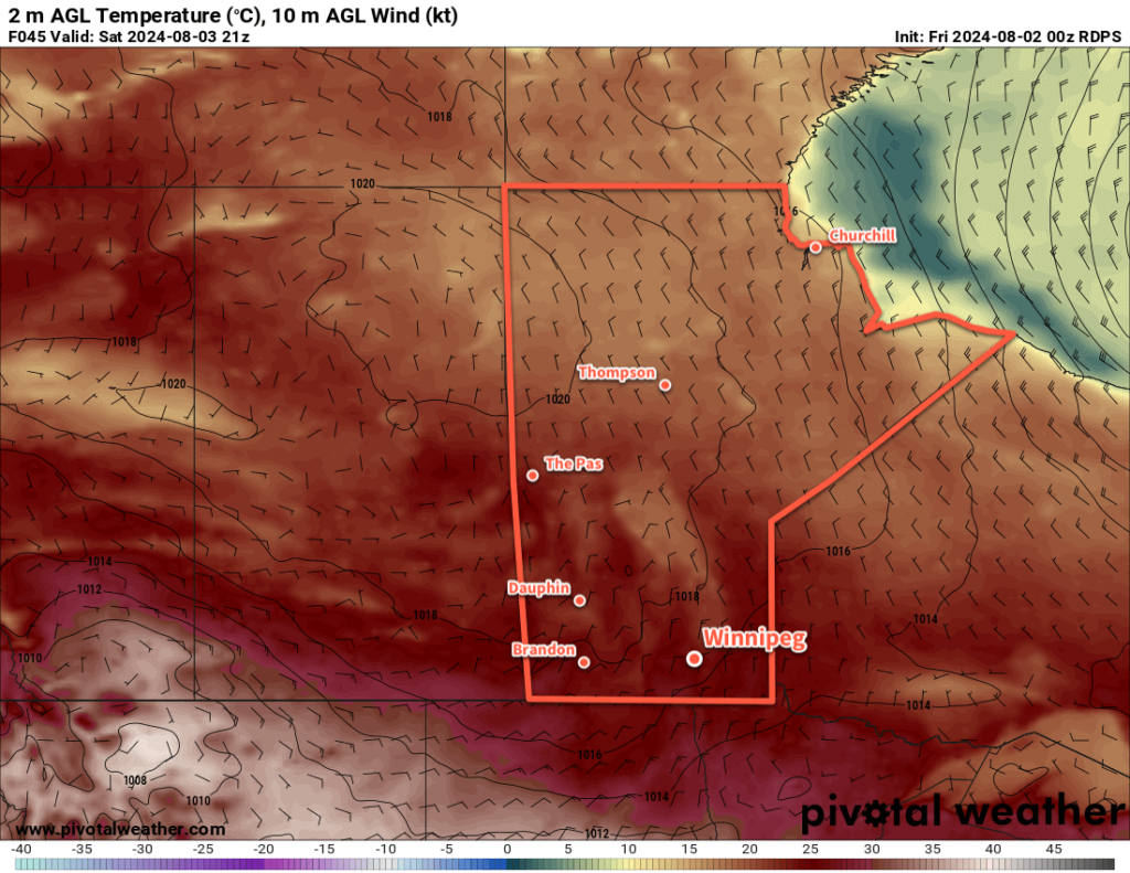 RDPS 2m Temperature Forecast valid 21Z Saturday August 3, 2024