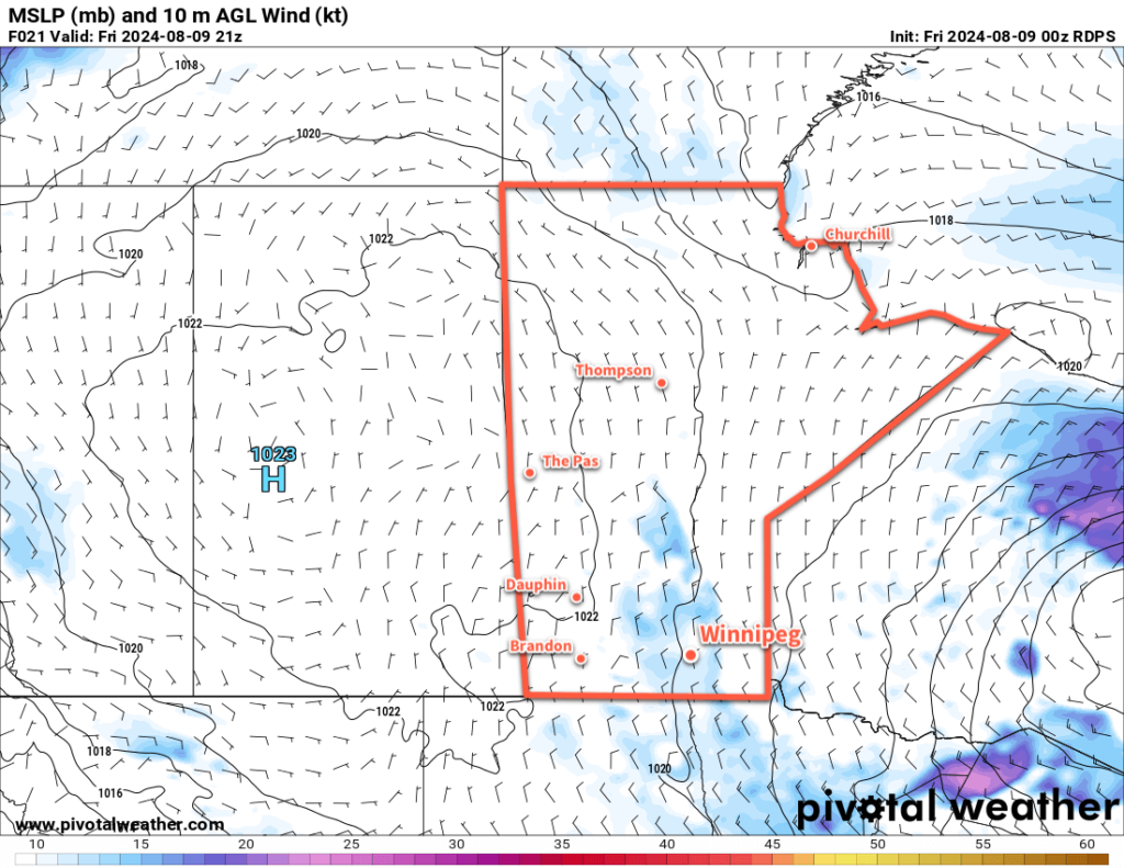 RDPS 10m Wind Forecast valid 21Z Friday August 9, 2024