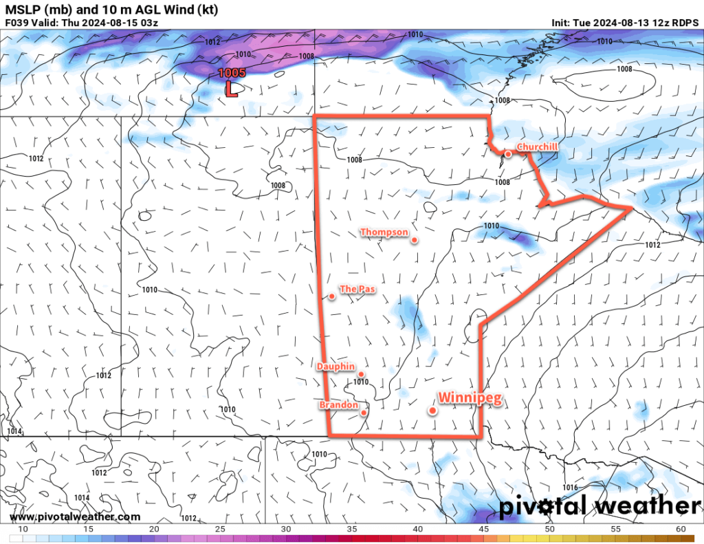 RDPS 10m Wind and MLSP Forecast valid 03Z Thursday August 15, 2024