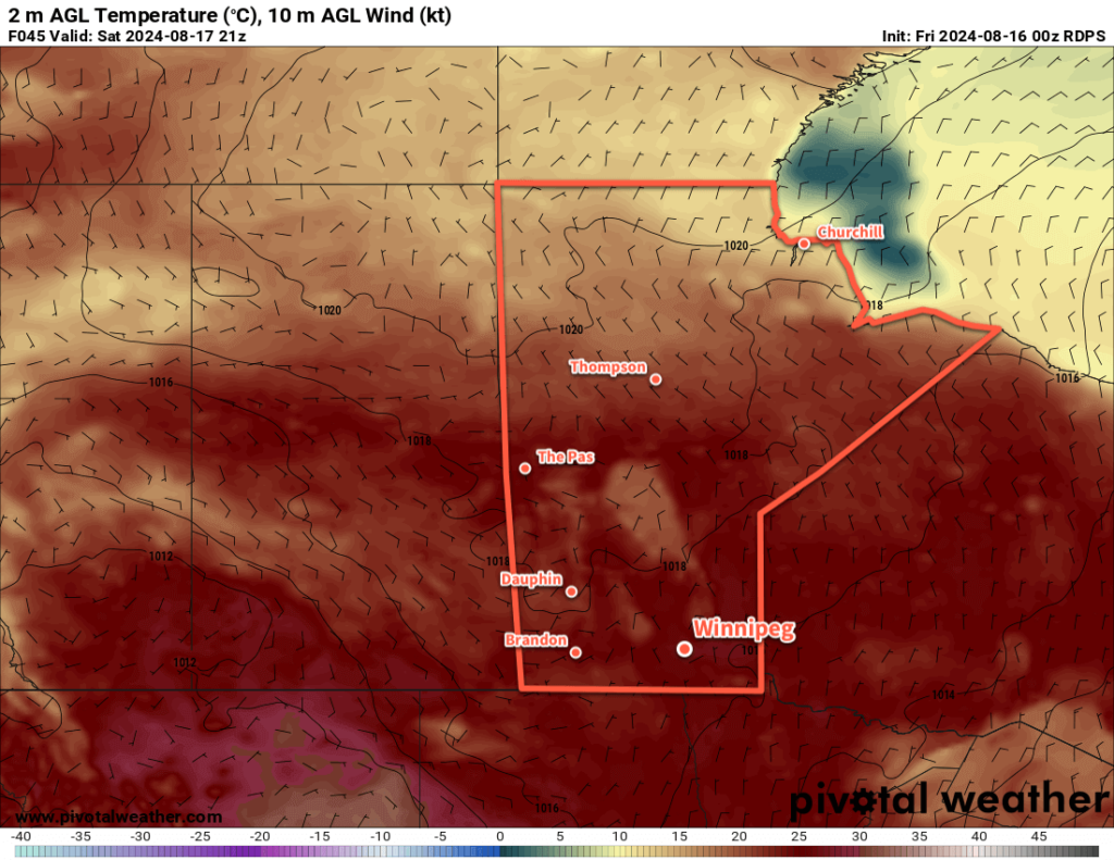 RDPS 2m Temperature Forecast valid 21Z Saturday August 17, 2024