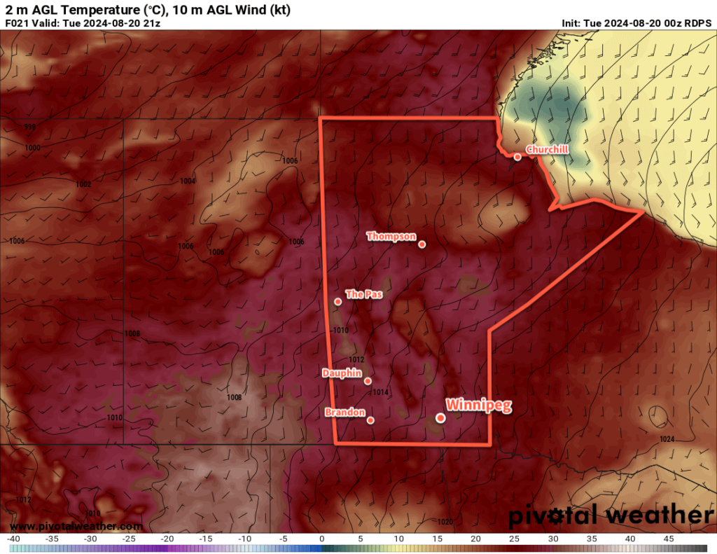 RDPS 2m Temperature Forecast valid 21Z Tuesday August 20, 2024