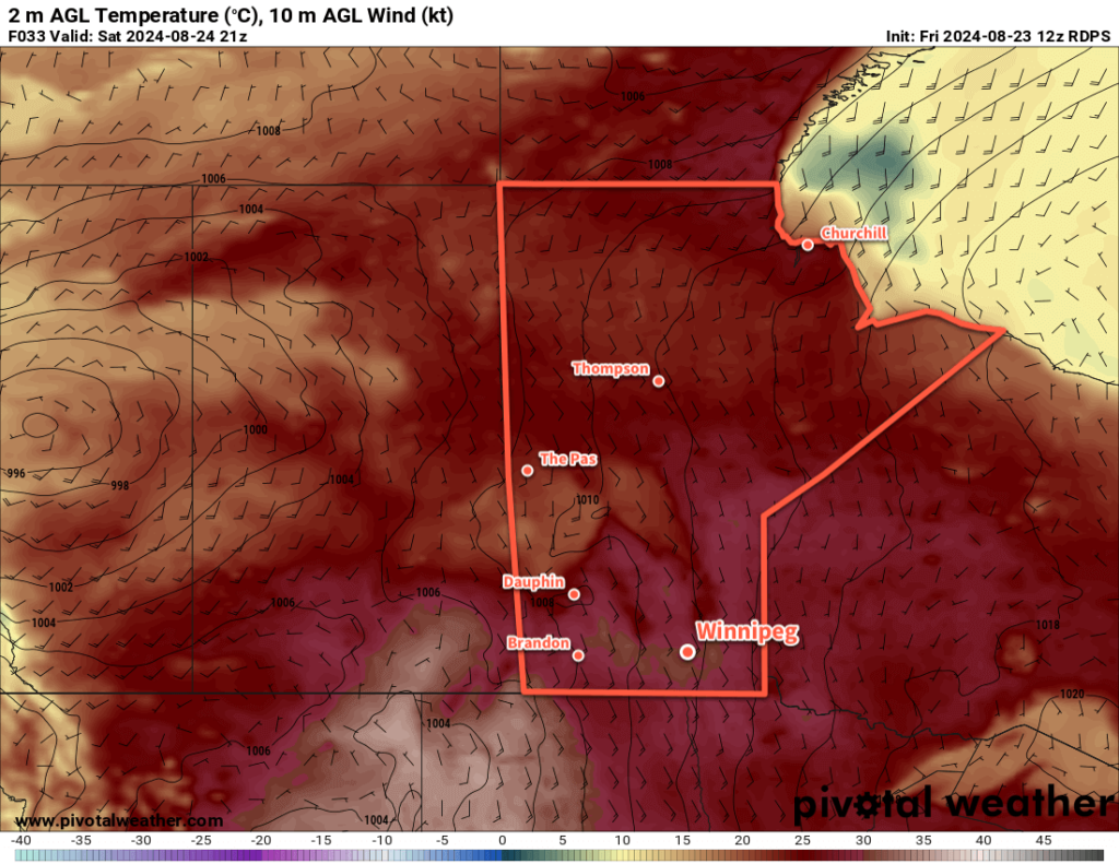 RDPS 2m Temperature Forecast valid 21Z Saturday August 24, 2024