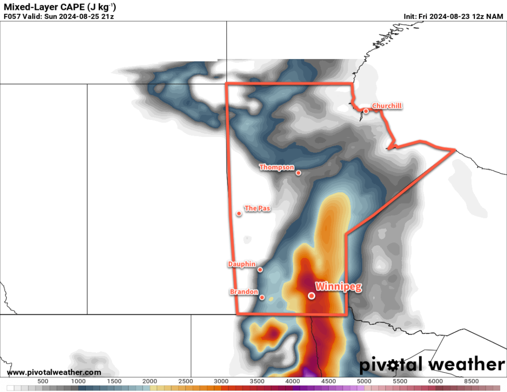 NAM MLCAPE Forecast valid 21Z Sunday August 25, 2024