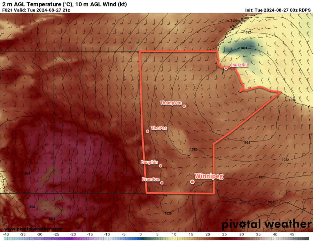 RDPS 2m Temperature Forecast valid 21Z Tuesday August 27, 2024