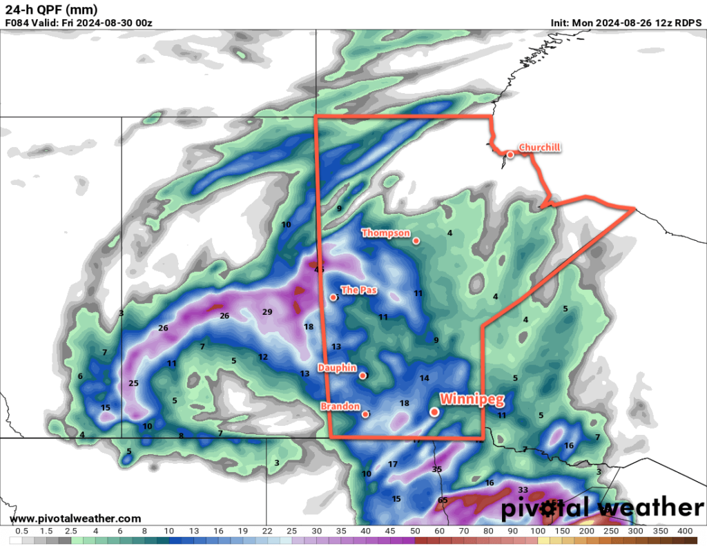 24hr. Precipitation Accumulation Forecast valid 00Z Friday August 30, 2024