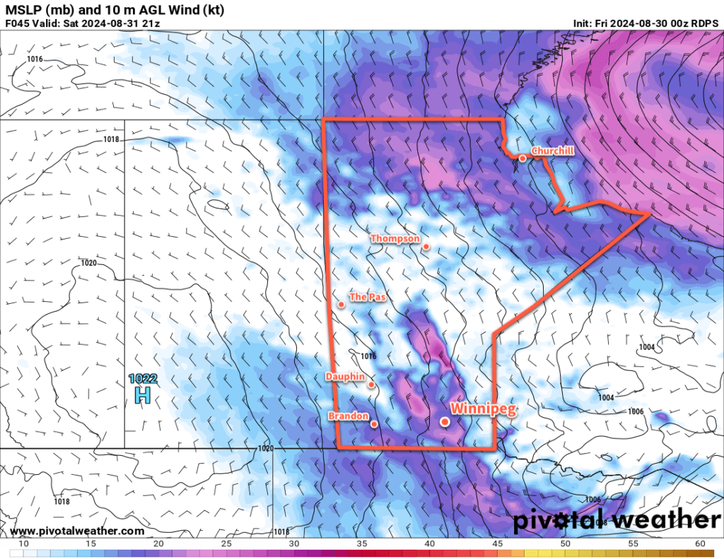 RDPS 10m Wind Forecast valid 21Z Saturday August 31, 2024