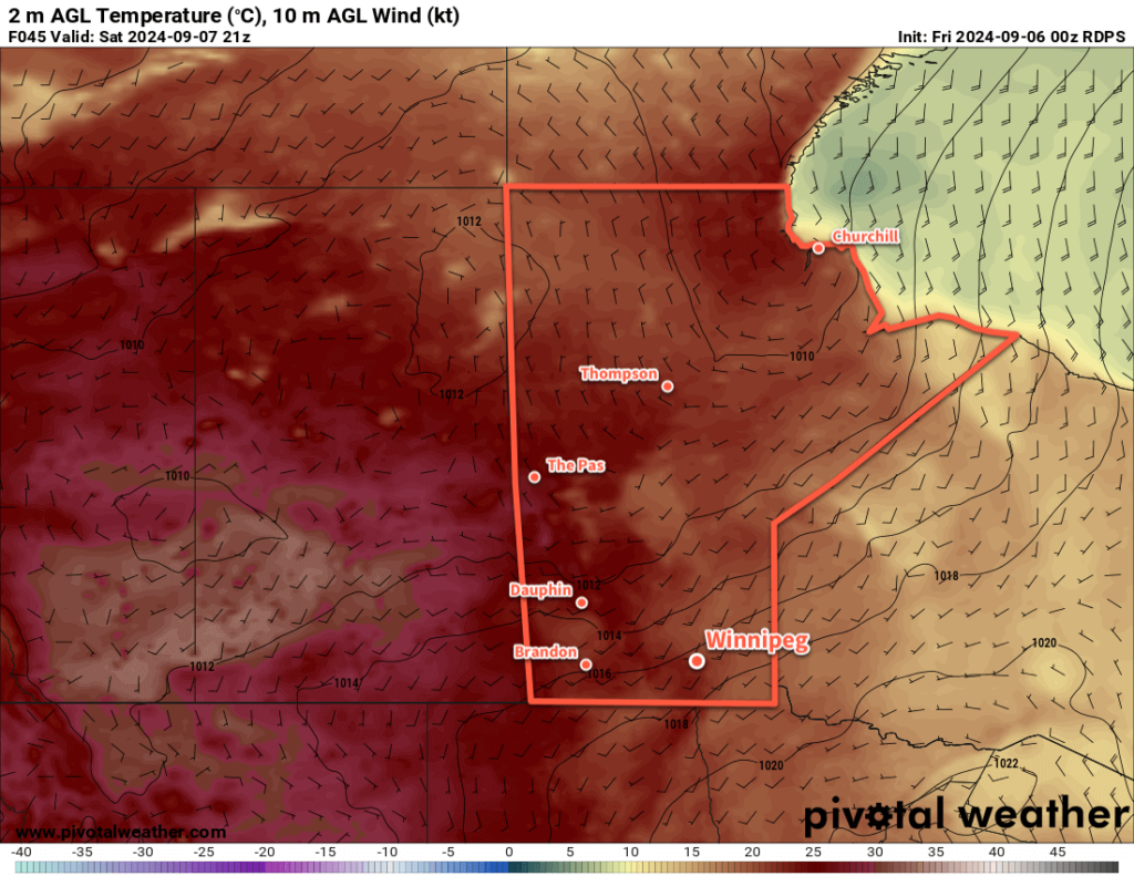 RDPS 2m Temperature Forecast valid 21Z Saturday September 7, 2024