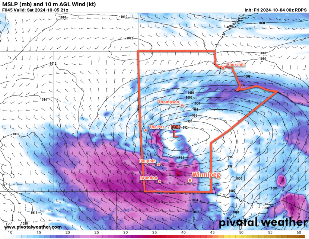 RDPS 10m Wind Forecast valid 21Z Saturday October 5, 2024