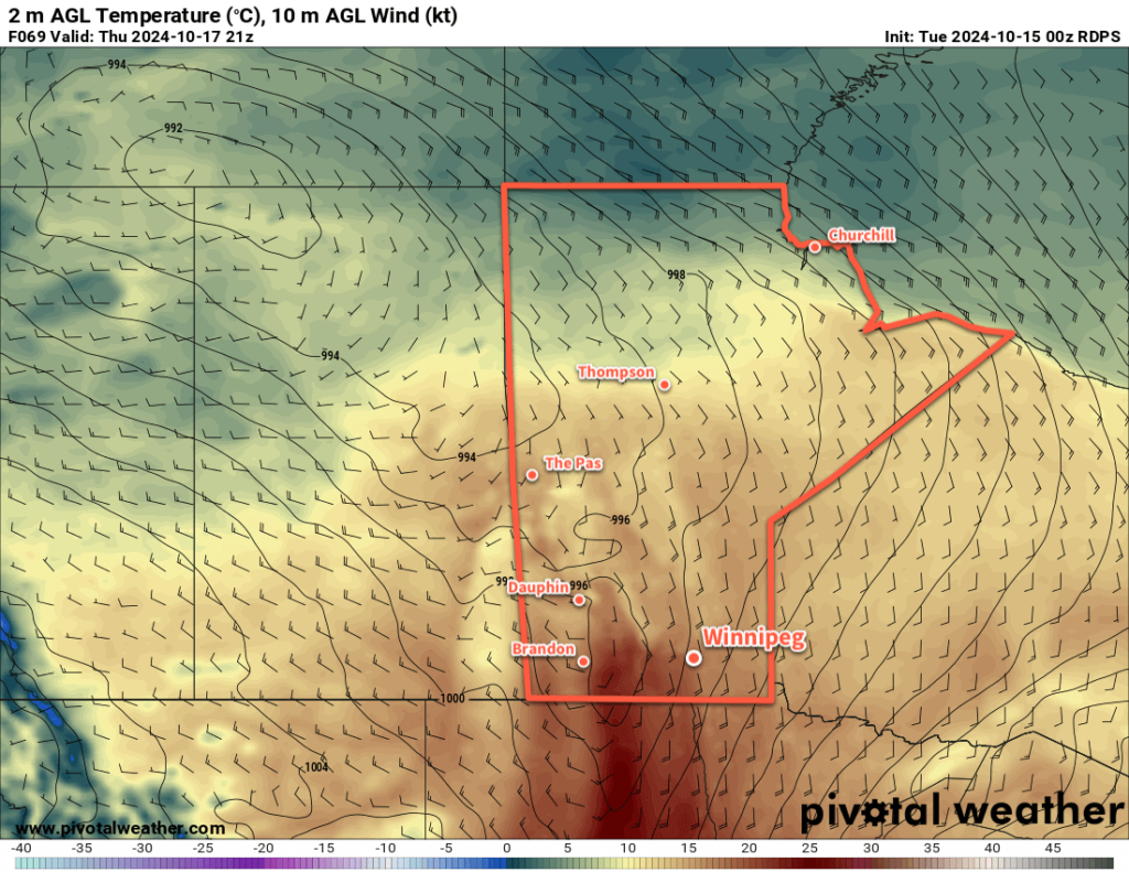 RDPS 2m Temperature Forecast valid 21Z Thursday October 17, 2024