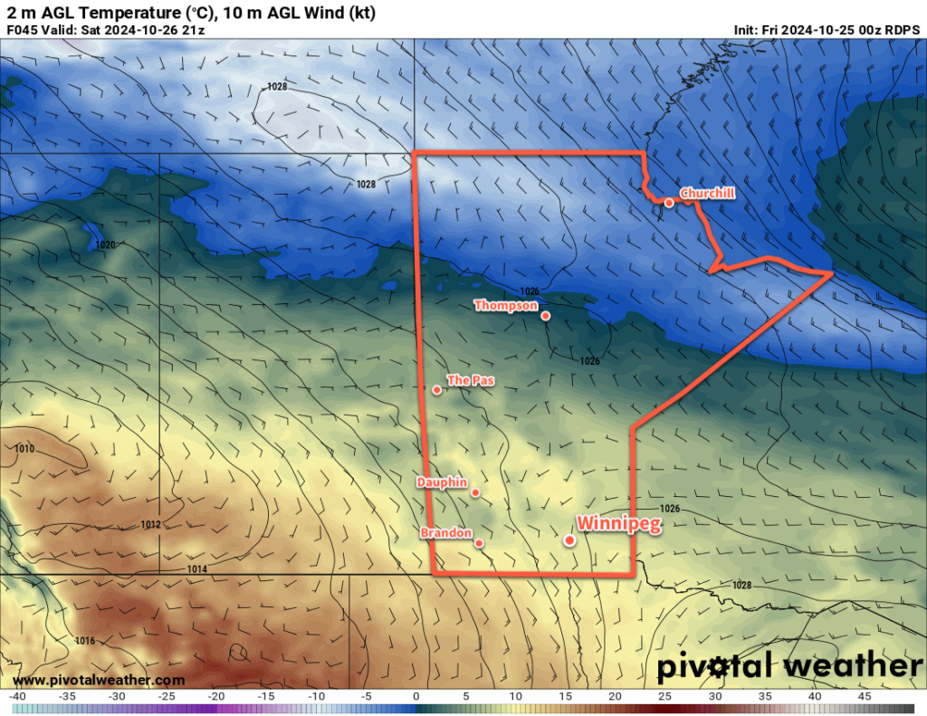 RDPS 2m Temperature Forecast  valid 21Z Saturday October 26, 2024