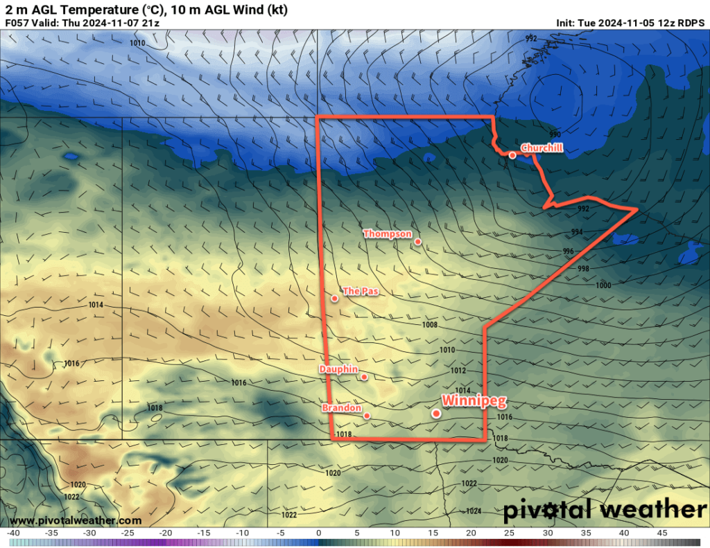 RDPS 2m Temperature Forecast valid 21Z Thursday November 7, 2024