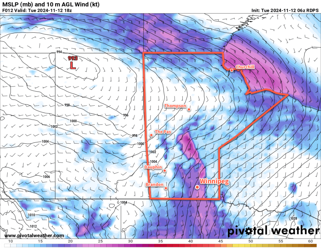 RDPS 10m Wind Forecast valid 18Z Tuesday November 12, 2024