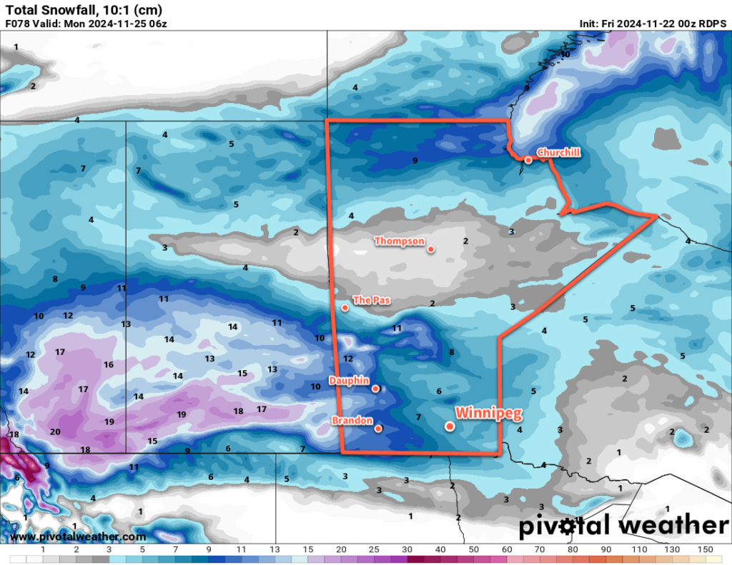 RDPS Total Accumulated Snowfall Forecast valid 00Z November 22, 2024 to 06Z November 25, 2024 at 10:1 SLR.