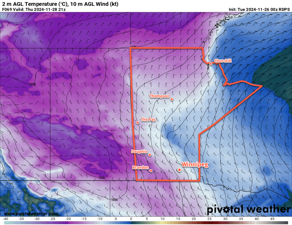 RDPS 2m Temperature Forecast valid 21Z Thursday November 28, 2024