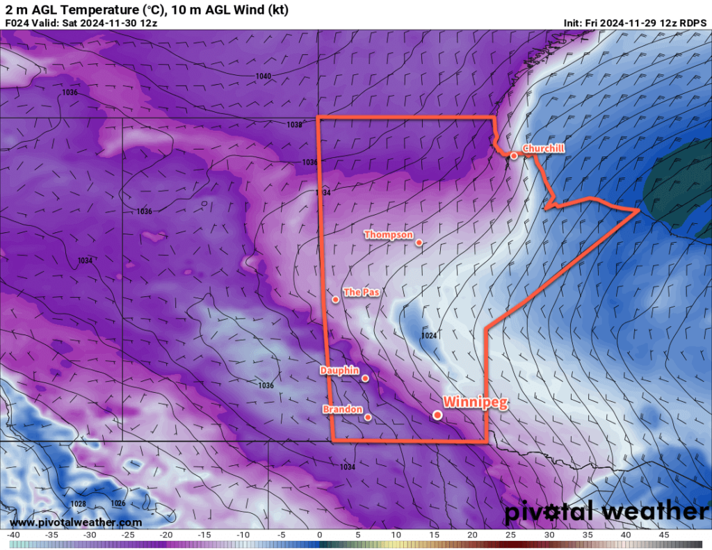 RDPS 2m Temperature Forecast valid 12Z Saturday November 30, 2024