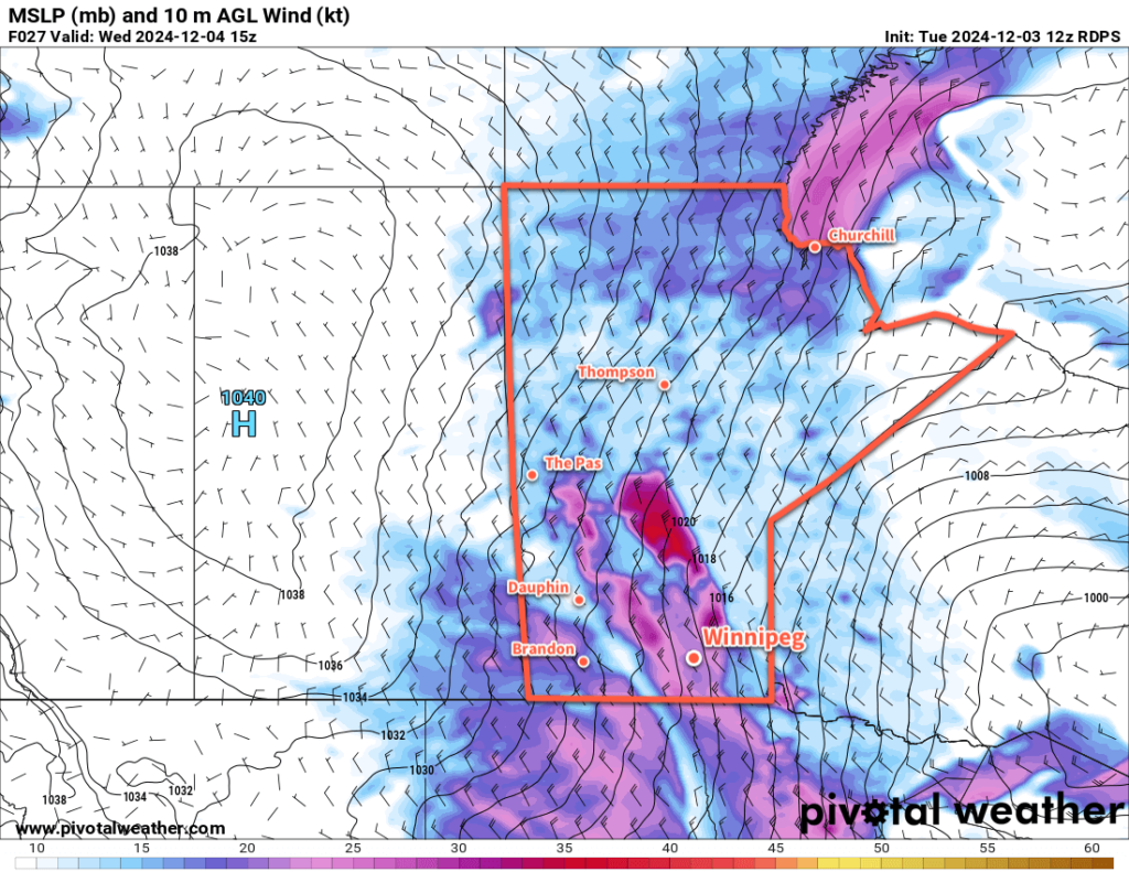 RDPS 10m Wind Forecast valid 15Z Wednesday December 4, 2024