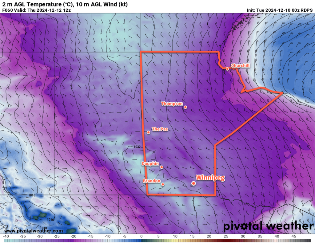 RDPS 2m Temperature Forecast valid 12Z Thursday December 12, 2024