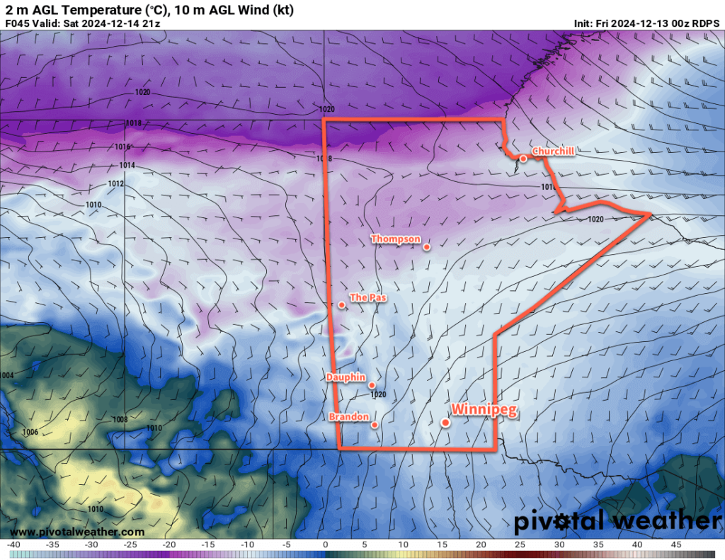 RDPS 2m Temperature Forecast valid 21Z Saturday December 14, 2024