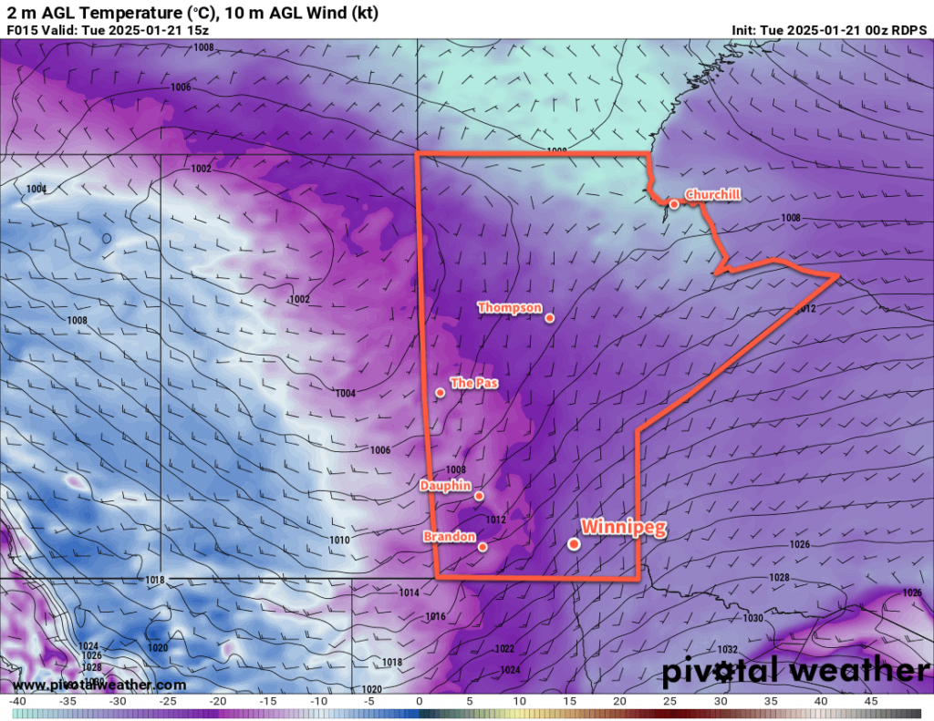 RDPS 2m Temperature Forecast valid 15Z Tuesday January 21, 2025