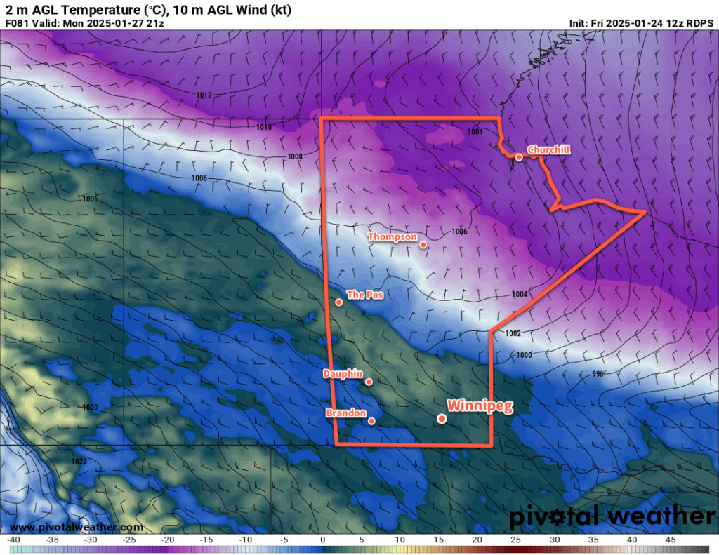 RDPS 2m Temperature Forecast valid 21Z Monday January 27, 2025