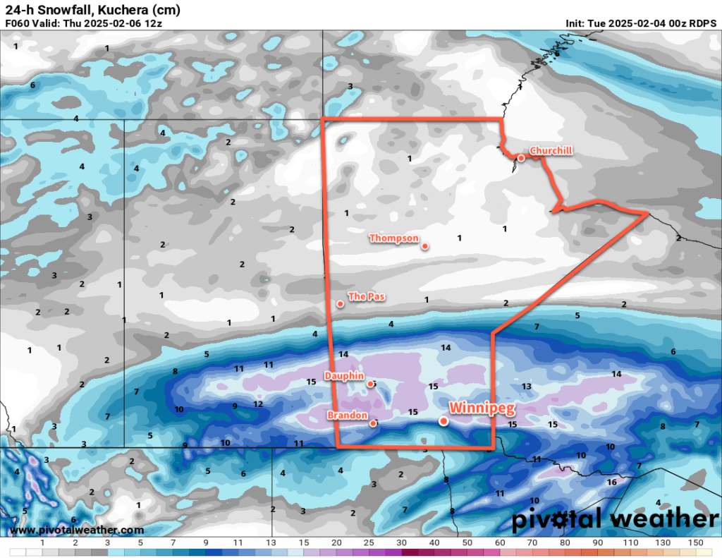 RDPS 24hr. Snowfall Accumulation Forecast (Kuchera SLR) valid 12Z Thursday February 5, 2025