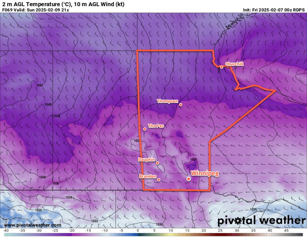 RDPS 2m Temperature Forecast valid 21Z Sunday February 9, 2025