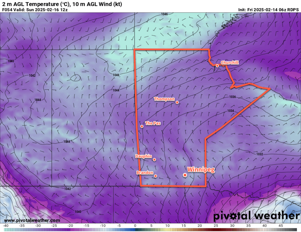 RDPS 2m Temperature Forecast valid 12Z Sunday February 16, 2025