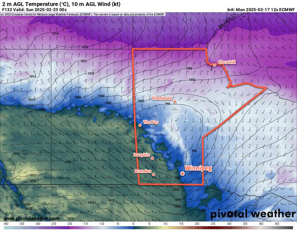 ECMWF 2m Temperature Forecast valid 00Z Sunday February 23, 2025