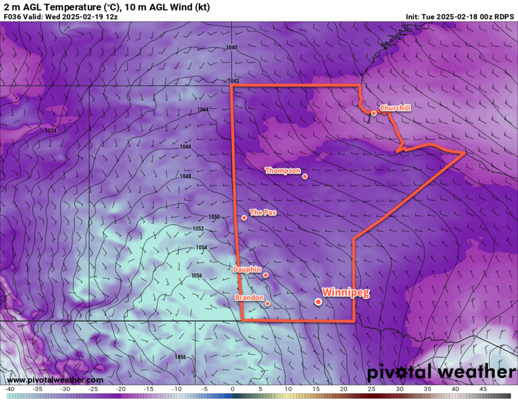 RDPS 2m Temperature Forecast valid 12Z Wednesday February 19, 2025