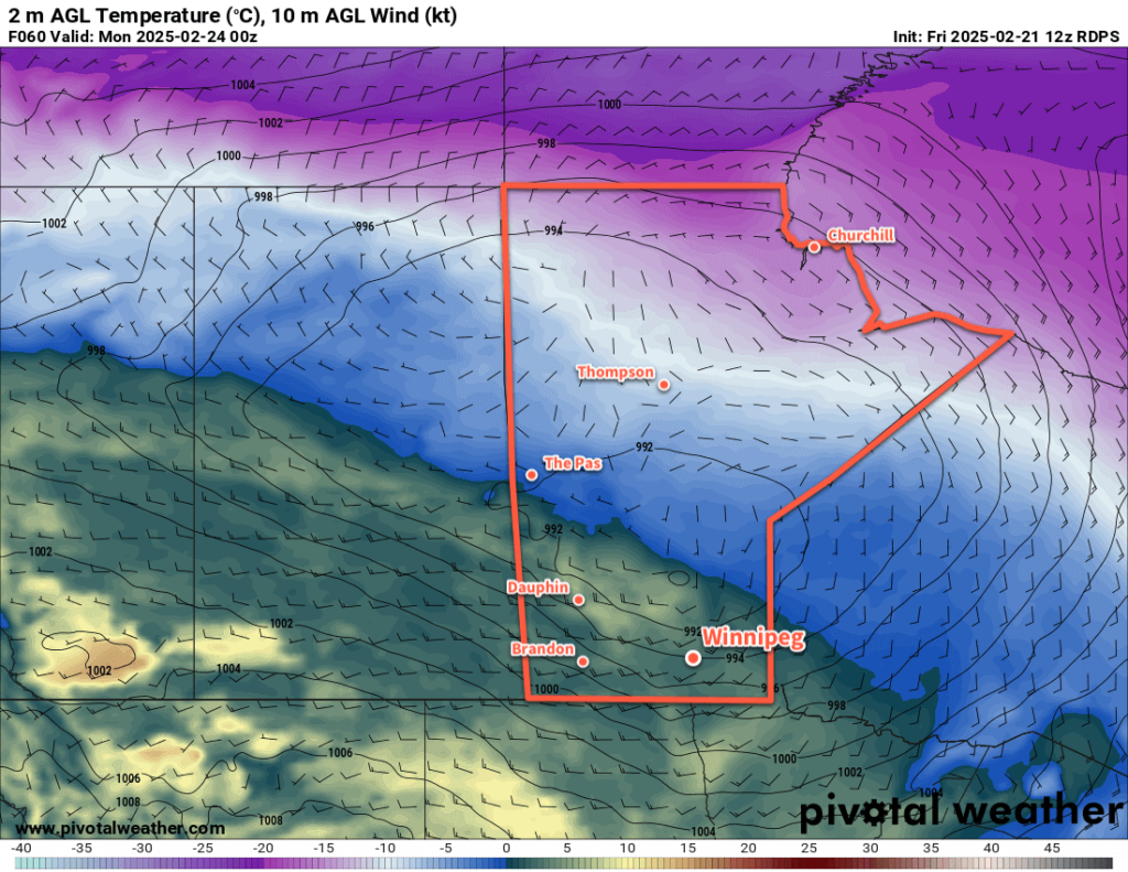 RDPS 2m Temperature Forecast valid 00Z Monday February 24, 2025