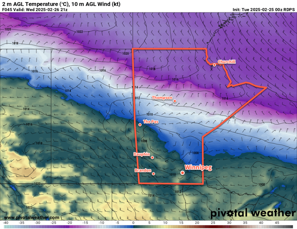 RDPS 2m Temperature Forecast valid 21Z Wednesday February 26, 2025