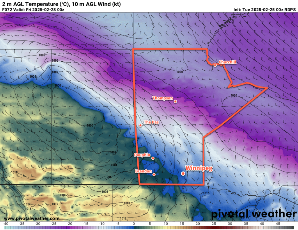 RDPS 2m Temperature Forecast valid 00Z Friday February 28, 2025