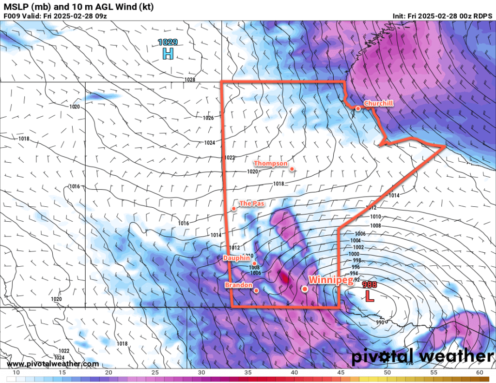 RDPS 10m Wind Forecast valid 09Z Friday February 28, 2025