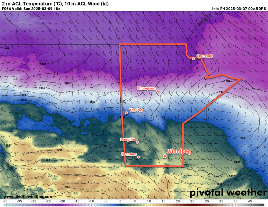 RDPS 2m Temperature Forecast valid 18Z Sunday March 9, 2025