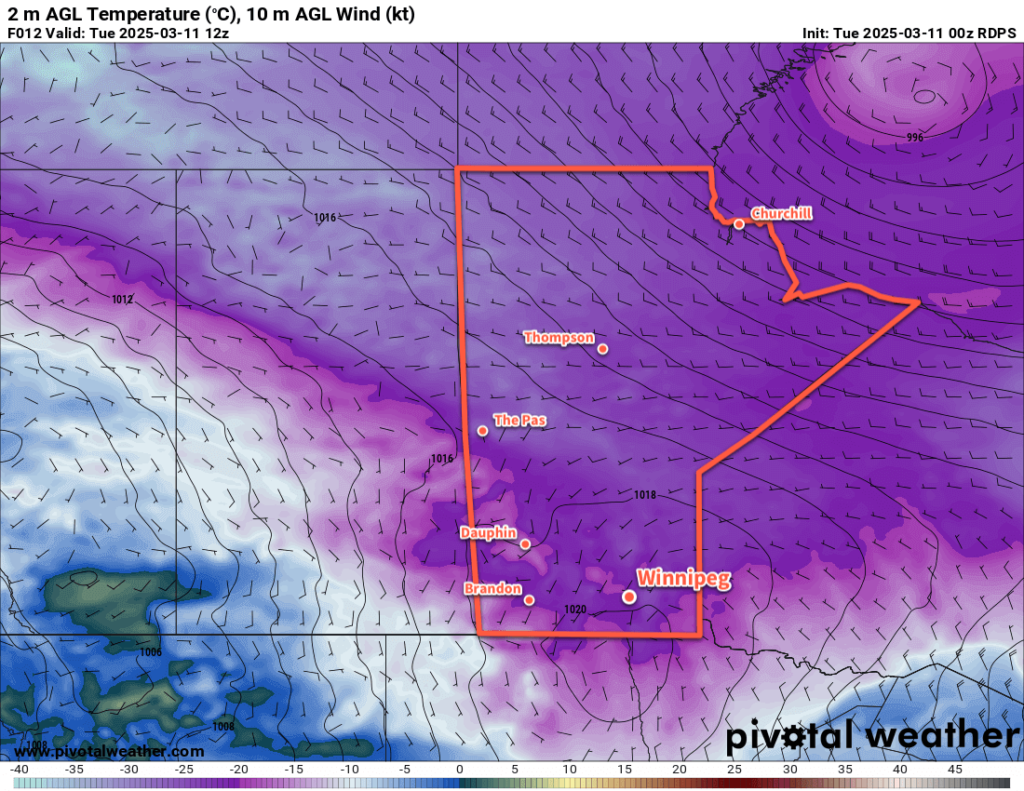 RDPS 2m Temperature Forecast valid 12Z Tuesday March 11, 2025