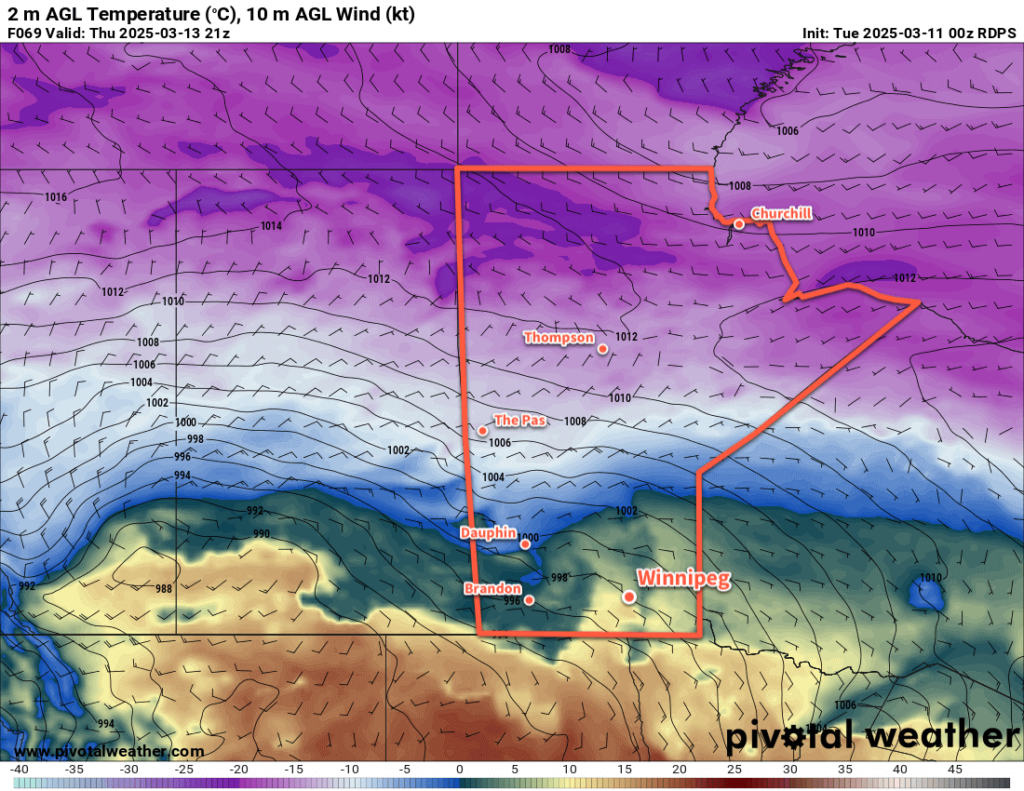 RDPS 2m Temperature Forecast valid 21Z Thursday March 13, 2025